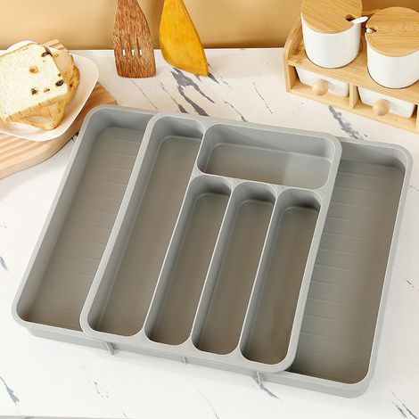 Tiroir Organiseur Couverts - Bac à Couverts Plastique 7 Compartiments - Extensible 36,5 x 28-50 x 5,3 cm - Pour Tiroir de Cuisine (1/5)