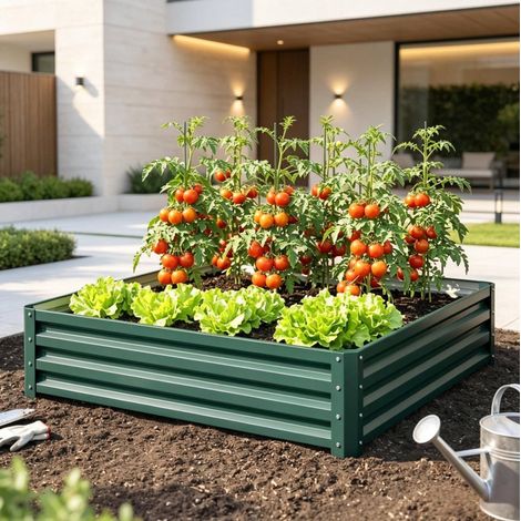 Carré potager surélevé carré en acier galvanisé 120 x 120 x 30 cm vert foncé OKWISH (1/5)