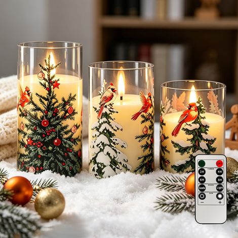 Lot de 3 bougies de Noël sans flamme, alimentées par piles, parfaites pour décorer la cheminée pendant les fêtes bougies scintillantes en verre à LED (1/5)