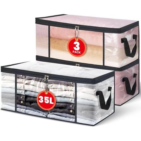 Set mit 3 transparenten Kleideraufbewahrungsbeuteln 35L，Aufbewahrungsbox für unter das Bett/den Kleiderschrank，Bettbezug-Organizer (1/5)