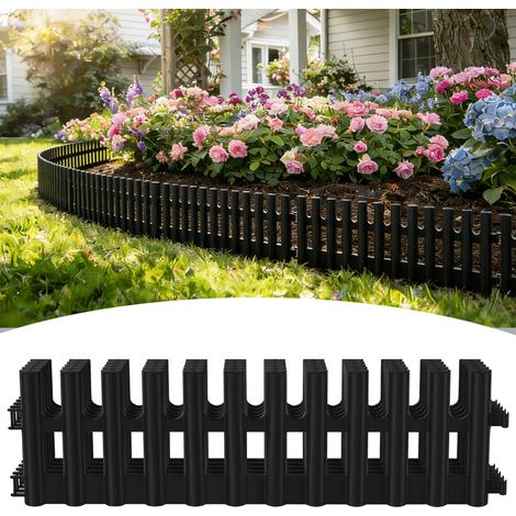 TolleTour Beeteinfassung 2,6m – 6er Set 43x13cm Beetumrandung aus flexiblem Kunststoff – Rasenkante Palisade Zierzaun – schwarz inkl. 12 Erdankern (20cm)