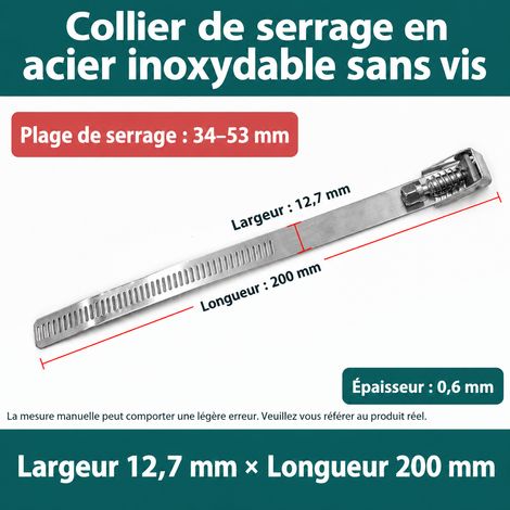 Collier de serrage déverrouillable inox 304 200 × 12,7 × 0,6 mm serrage 34-53 mm 200 34-53mm 2 × 2 × 2 cm 25 g – Livraison gratuite