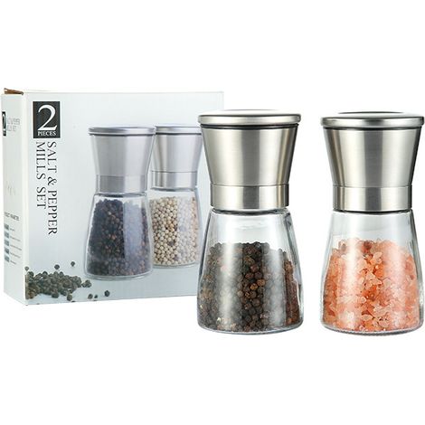 royaluxe - Set de Moulins à Poivre et Sel, Moulin à Épices en Acier Inoxydable, 2 Broyeur Manuel en Céramique Réglable avec Corps en Verre, Épices Rechargeables, pour Cuisine (1/5)