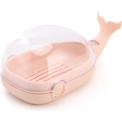 Niedliche, walförmige, doppelwandige Seifenschale mit Klappdeckel, auslaufsicher mit Abfluss fürs Badezimmer, Rosa (1/5)