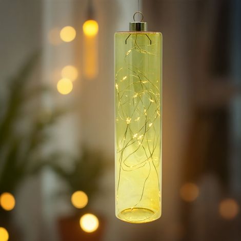 LED Glas Pendelleuchte amarillo gelb mit Timer - 24 x 6 cm - Deko Hängelampe Batterie betrieben warm weiß beleuchtet