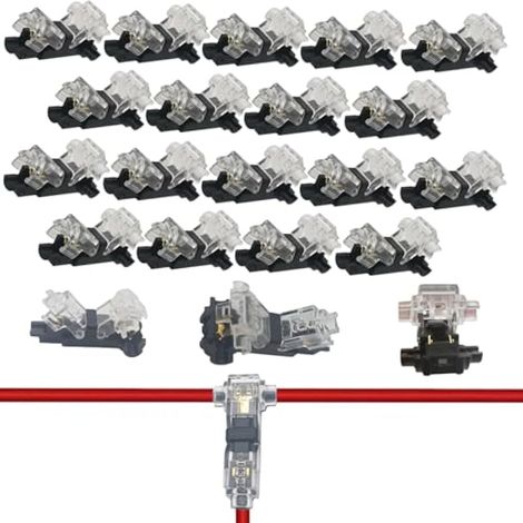 Connecteurs T Tap basse tension, Compact Connecteurs de fils Convient aux connexions de fils 18-22 AWG, Borne du connecteur en T Pas besoin de dénuder les fils(18pièces) (1/5)