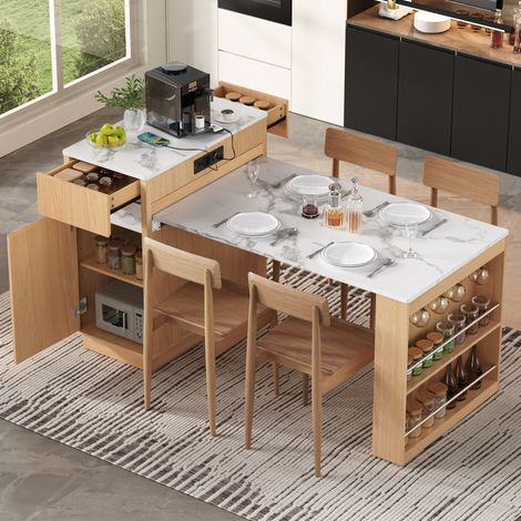 Isla de cocina extensible 58-154x80,5x94 cm con LED, enchufes USB/Type-C, almacenamiento y ruedas MDF natural (1/5)