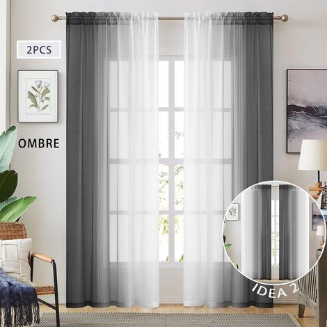 Tende trasparenti in finto lino nero sfumato per camera da letto e soggiorno, tende semi-reversibili in voile sfumato a 2 toni, filtraggio della luce e della privacy, set di 2 pannelli, lunghezza 54 x