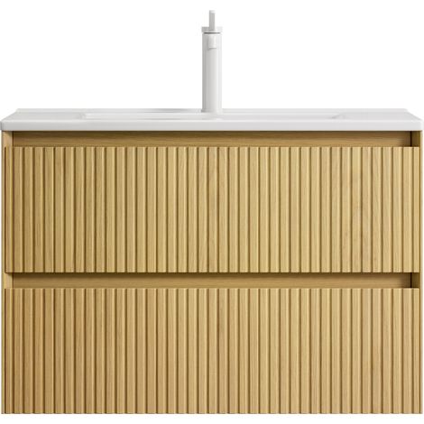 Hängender Badunterschrank 75 cm mit weißem Keramikwaschbecken und 2 Schubladen (1/5)