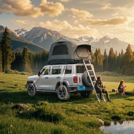 Tente de toit gonflable 2-3 personnes, tissu Oxford 300D imperméable anti-UV, avec pompe manuelle et échelle télescopique, pour SUV camping, gris/noir