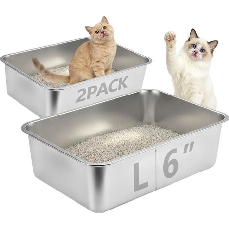 Stainless Steel Cat Litter Tray Set of 2 45 x 35 x 15.2 cm Large Metal Litter Box with High Sides Non-stick Surface Easy Clean Jumbo Size for (1/5)