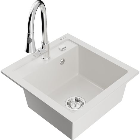 Mexen Vito fregadero de granito de 1 compartimento con grifo de cocina Elia, blanco - 6503-20-670101-00 (1/5)