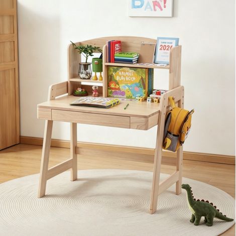 Bureau enfant 80x60x108-118 cm naturel en bois massif avec tiroir, rangement et hauteur réglable (1/5)