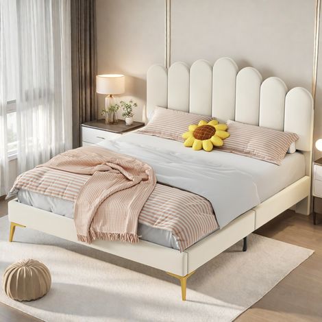 Letto matrimoniale imbottito 140x190 cm in velluto, con testiera dal design scanalato, rete a doghe, letto per adulti stile moderno - beige