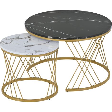 Mesa de centro nido redonda 2 piezas MDF efecto mármol y estructura metálica dorada (1/5)