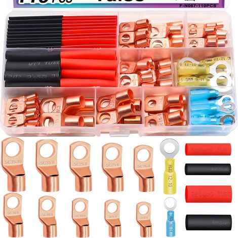 M6/M8 Cosses Tubulaires Kit,pour Câble Électrique,Cosses de Embouts de Câble de Batterie,de raccordement en cuivre,avec un tube de rétrécissement thermique (1/5)