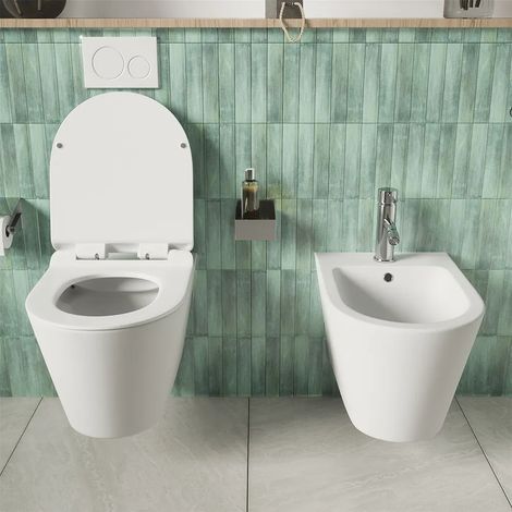 Coppia di Sanitari Sospesi in Ceramica Bianco Lucido Vaso Tornado Silent Flush Sedile Soft-close e Bidet Mod. Rio (1/4)