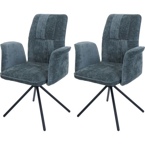 [NEUWERTIG] 2er-Set Esszimmerstuhl HHG-433, drehbar Armlehne Auto-Return, Stoff/Textil Chenille (340g/m²) Öko-Tex blau-grün
