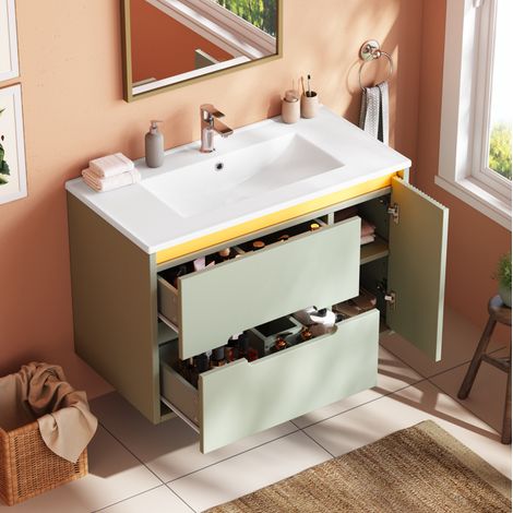 Mueble de lavabo mural de 81 cm con lavabo cerámico, LED, cierre suave, verde, OKWISH (1/5)