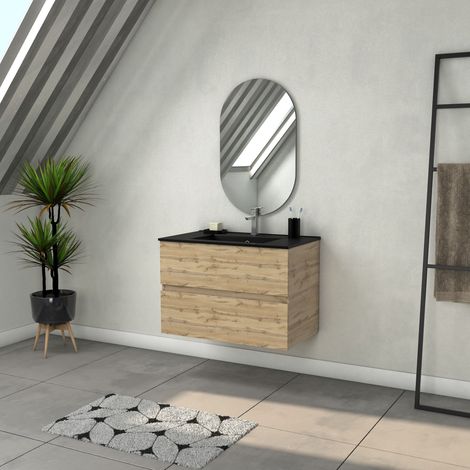 Mobile da bagno 80 cm con 2 cassetti aspetto rovere industriale + lavabo nero e specchio ovale