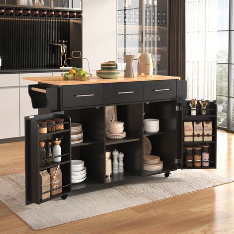 Îlot de Cuisine sur Roulettes avec Plateau Pliable, Chariot de Service Noir et Bois, Rangement Porte, 139x46x91,5cm (1/5)