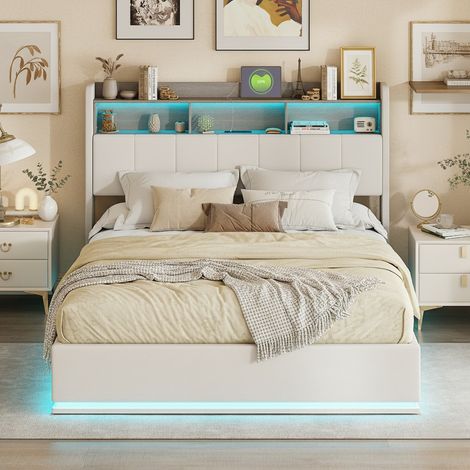 Letto Contenitore 160x200 cm Velluto Bianco - Testiera Libreria con LED e Presa Integrata - Doppia Illuminazione - Rete Sollevabile (1/5)