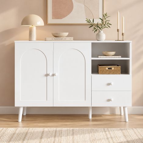Buffet bas, Meuble de rangement pour salon salle à manger entrée, avec 2 portes arquées 2 tiroirs et 2 niches, Pieds et poignées en bois, 118x35x82cm, Blanc (1/5)