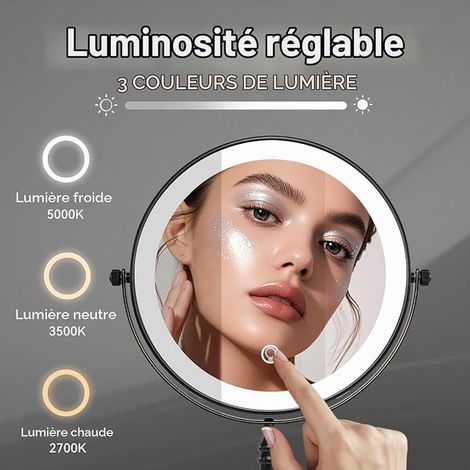 Magnifying Mirror on Base Black Bronze – Illuminated Makeup Mirror – Retro Table Mirror – Rechargeable – Three Light Colours – Bathroom, Diameter 20 cm (1/3)