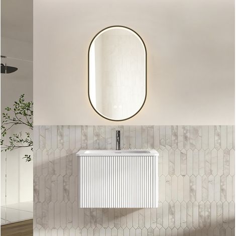 Mueble de baño suspendido con lavabo y espejo LED 61 cm, blanco, OKMYHOME (1/5)