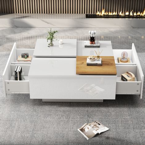 Table basse carrée moderne en bois blanc brillant avec rangement 757533,5 cm, petit plateau coulissant, charge max. 30 kg (1/5)