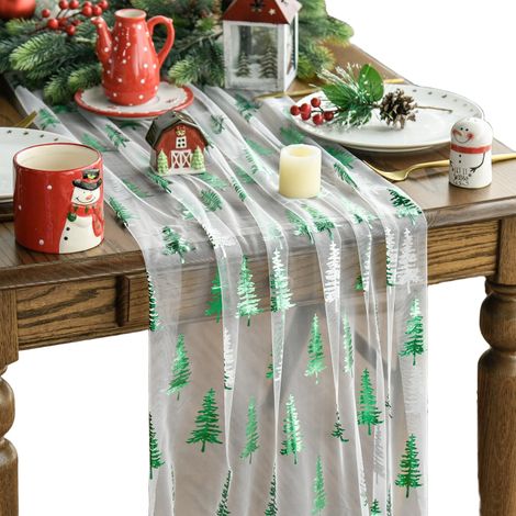 Runner Tavola Natalizio Tulle Alberi Natale Bianco 70x300 cm (1/5)
