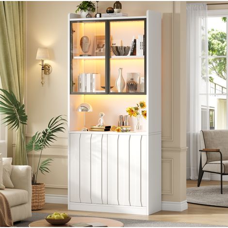 Vitrine haute LED 80x35x200 cm en panneaux de bois blanc, avec rangement pour salon FLORAGRACE (1/5)