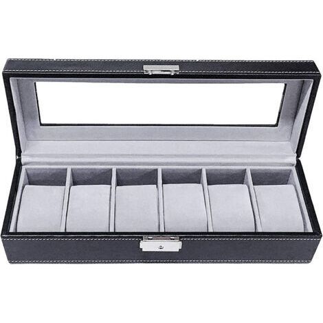 Boîte de montre, boîte à bijoux 30 x11 x 8cm, boîte de présentation, boîtier de montre, 6 coussins, serrure à un mot intérieur velours gris boîte de montre 6 bits boîte de (1/5)