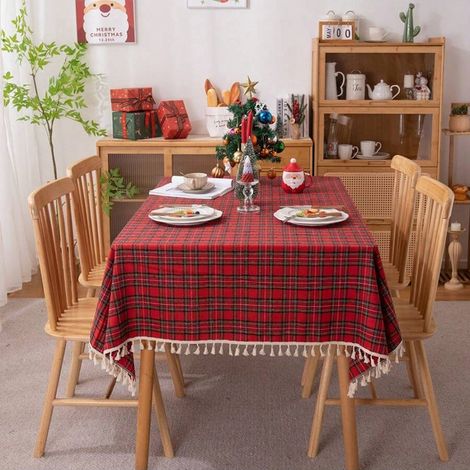 Nappe de Noël festive 140200cm, nappe basse décorative rouge, nappe à manger avec pompons (1/5)