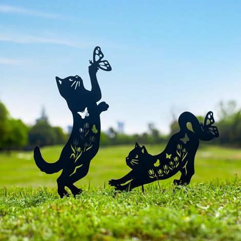 Piquets décoratifs en métal en forme de chat pour jardin, cadeaux pour femmes/hommes, statues silhouette de chat noir pour décoration extérieure (1/5)