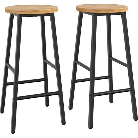 Lot de 2 tabourets de bar avec assise aspect bois, 63 cm, cadre métal noir, pieds réglables, charge max 150 kg (1/5)