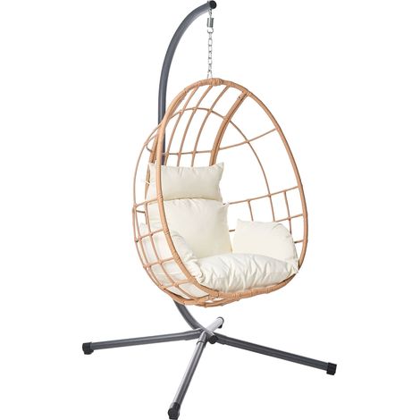 Swing Egg Chair Natural PE Rattan Metal Stand Soft Sitting Cushion Boho Rustic Living Room Terrace Garden MALCESINE
