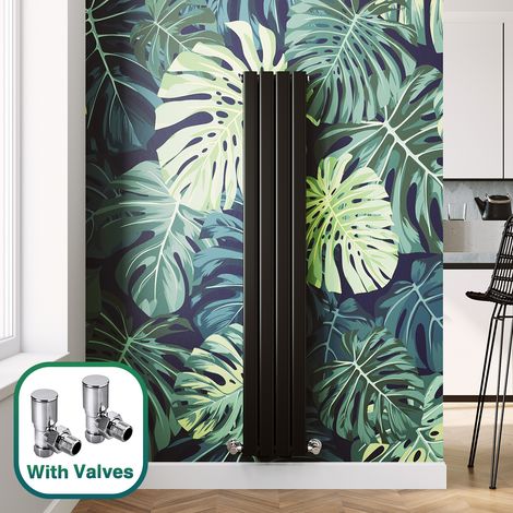 ELEGANT Modern Black Flat Panel Central Heating Radiator 1600 x 272mm Vertical Double Panel Rads + Chrome Angled Radiator Valves (1/5)