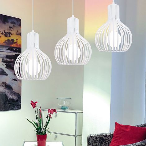 Modern Pendant Light White, 3 Lights Gourd Shape Hanging Ceiling Lamp with Lampshade, Metal Cage Chandelier for Kitchen Island