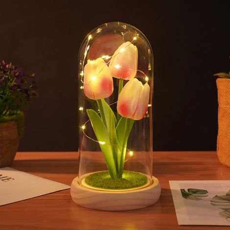 Cadeau Saint Valentin pour Femme, Tulipe Artificielle, Fleur Eternelle sous Cloche, Cadeau Anniversaire pour Maman Amoureux Amie Grand Mere Copine Tata, Cadeau pour Femme - Rose