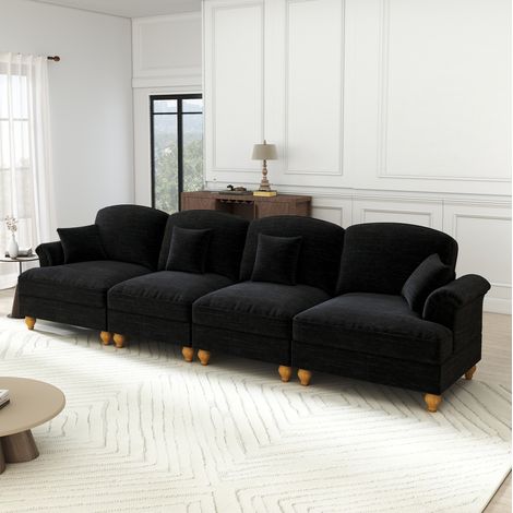 Divano 4 posti con rivestimento in ciniglia, gonne decorative rimovibili e design elegante,350x83.5x93 cm (1/5)