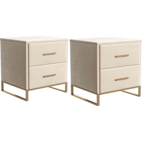 Lot de 2 tables de chevet avec 2 tiroirs – Dimensions 40x40x50 cm – Matériaux aggloméré et MDF – Velours Beige (1/5)