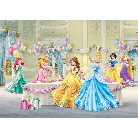 papier peint panoramique Princesses jaune, bleu et rose  - Disney