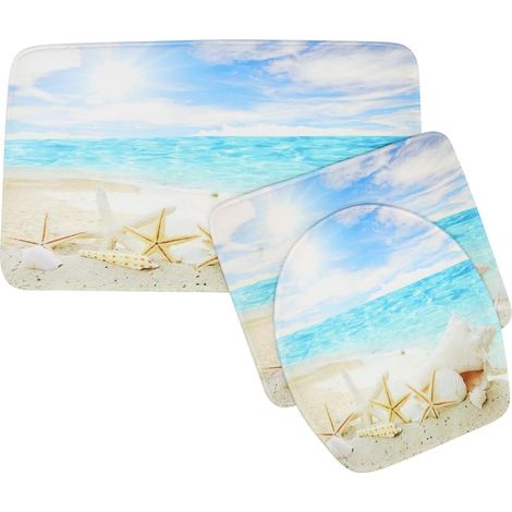 Lot 3 Tapis Salle de Bain Polyester Imprimé Marin Couverture Toilette (1/5)