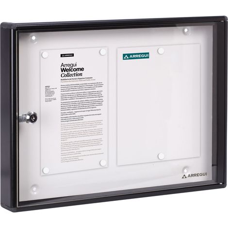 Arregui – Panneau d'affichage aluminium PAN44 – Vitrine avec serrure à clé – Fond aimanté – 8 aimants – 35 x 48 x 5 cm – Format 2 x A4 – Noir