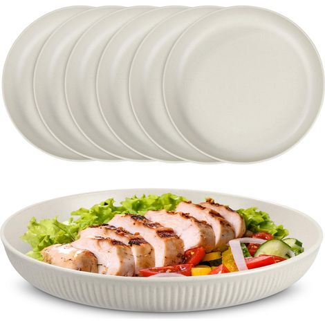 Lot de 6 assiettes plates incassables en plastique de 22,5 cm, réutilisables, pour salades, pâtes, fêtes, maison, bureau, micro-ondes et lave-vaisselle, beige (1/5)