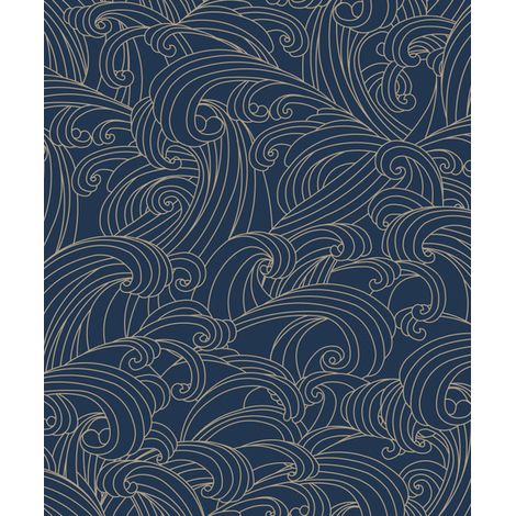 Papier peint vagues japonaises bleu nuit et or