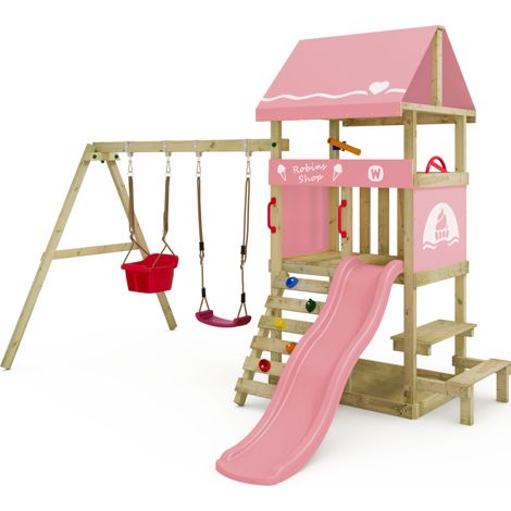 Wickey tour de jeu DinkyHouse pour tout-petits avec toboggan et table de pique-nique – rose pastel
