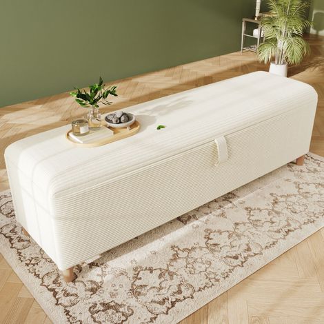 Bettbank mit Stauraum, Hydraulischer Öffnung und Gepolsterter Sitzfläche, Cord Beige, Holz, 175 × 38 × 46 cm