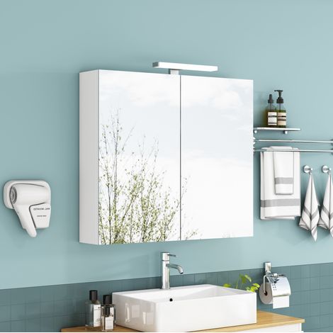 MODFU – Armario tocador de pared 80 cm de MDF/vidrio con 2 puertas, estantes de vidrio regulables, LED y enchufe francés – Blanco (1/5)